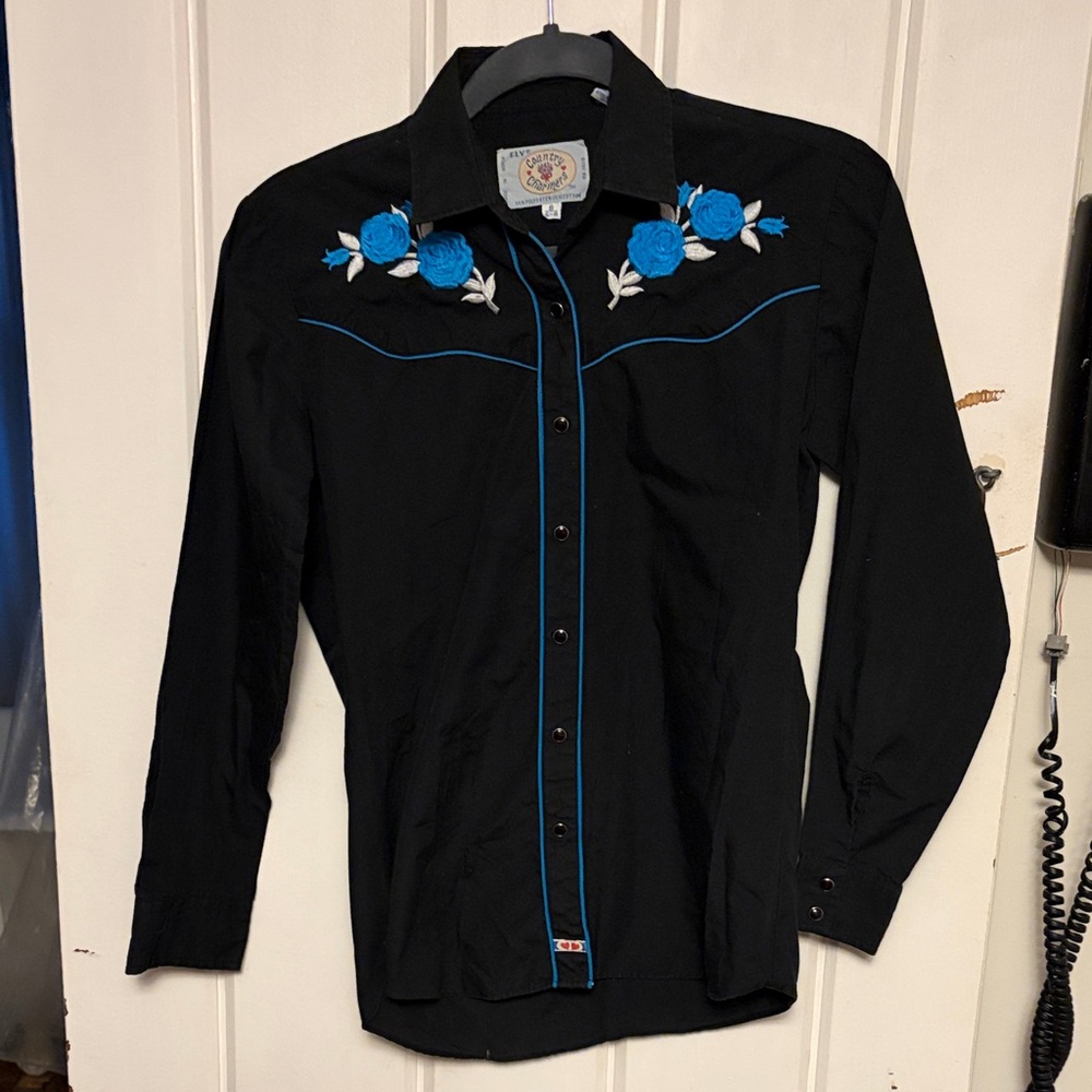Black Western Shirt with Blue Floral Embroidery size Small